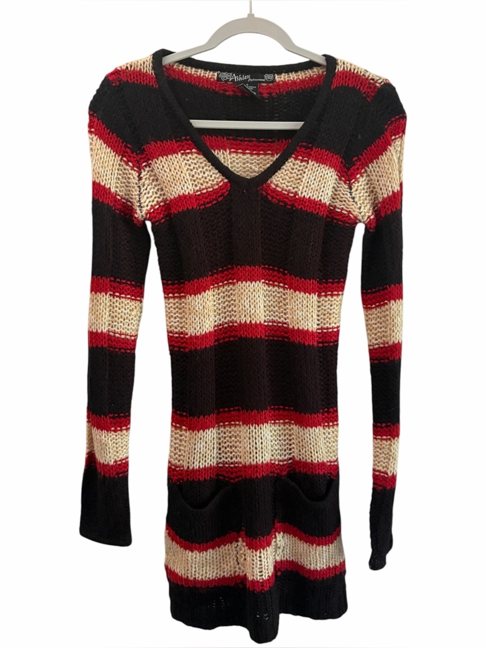 Ashley Y2K Rugby Stripe Knit Long Sleeve Sweater Dress Size Small Twee Academia